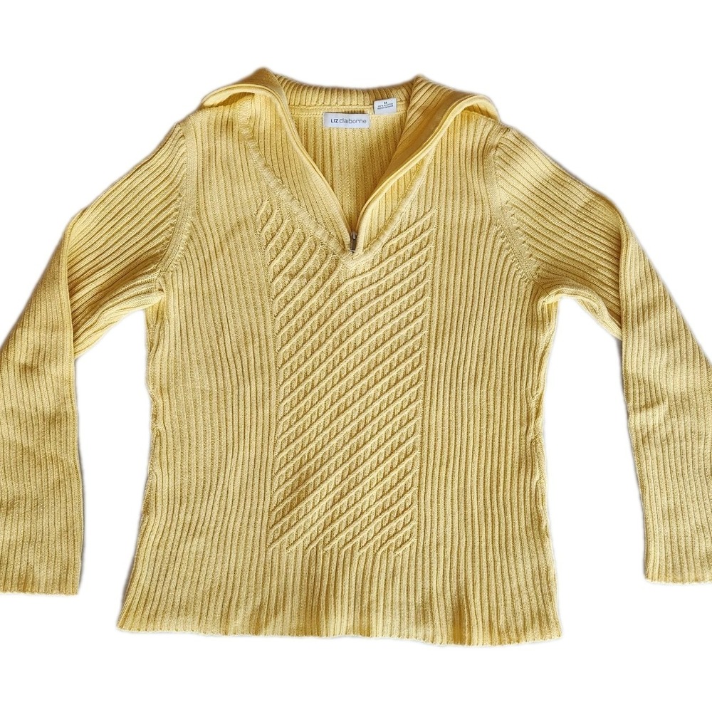 Liz Claiborne Womens Cable Knit 1/4 Zip Sweater Sz‎ M Yellow Preppy Tennis Prep